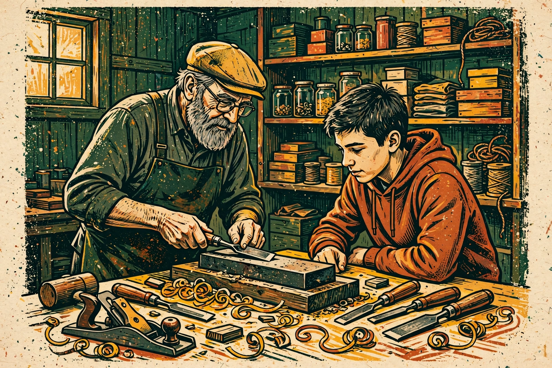 Gravure style linogravure : dans un atelier, un menuisier retraité montre à un adolescent comment aiguiser un ciseau sur une pierre, entourés d'outils à main et de copeaux de bois.