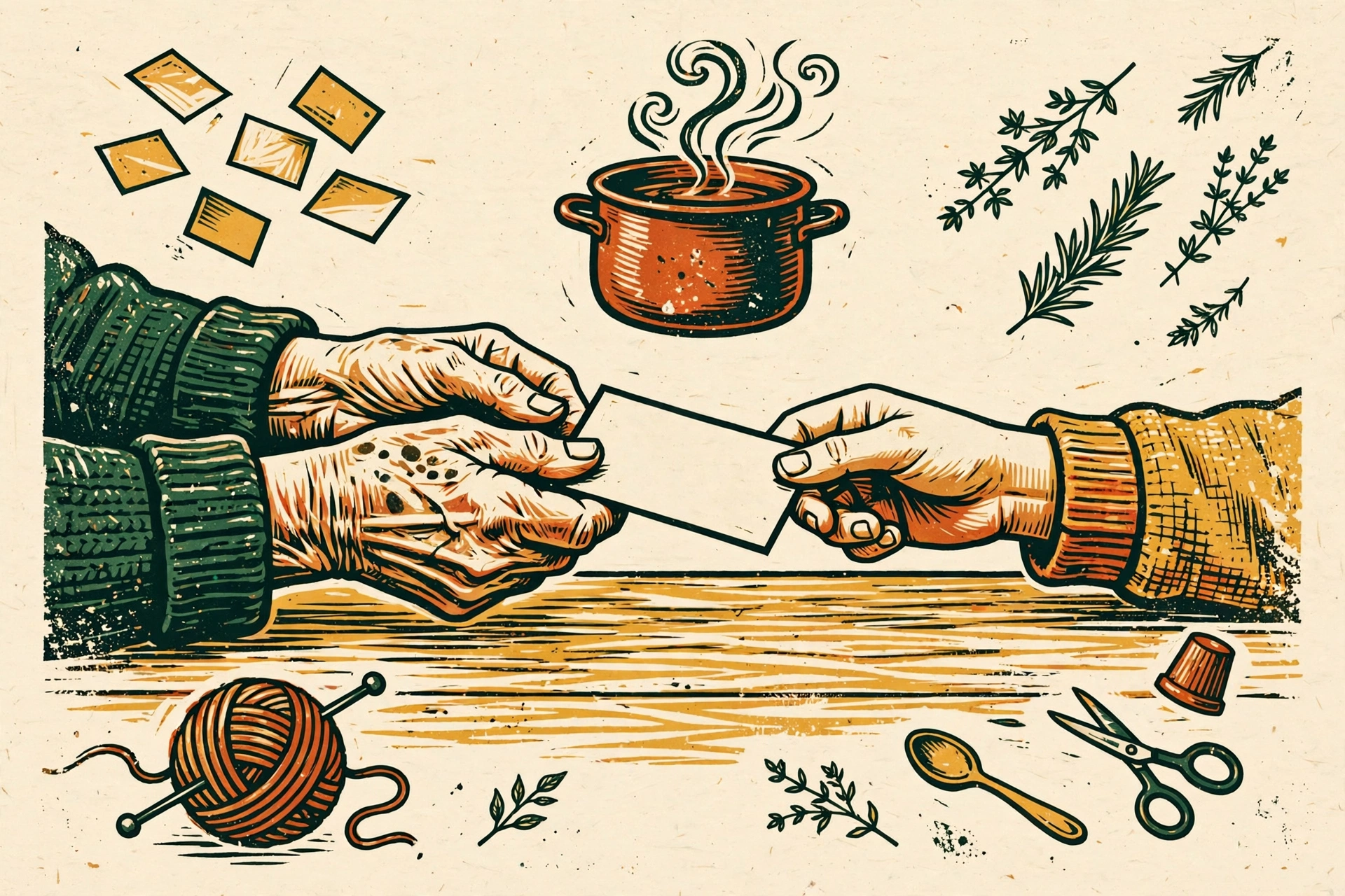 Gravure style linogravure : les mains d'une aînée transmettent une fiche de recette à des mains plus jeunes, au-dessus d'une table de cuisine, entourées d'une marmite fumante, d'herbes, d'une pelote de laine et d'ustensiles.